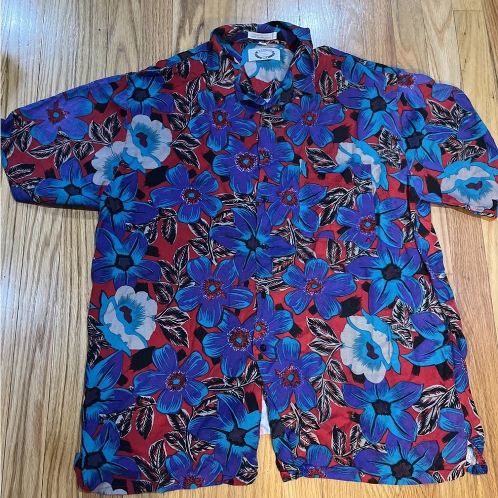 Vintage 80s Weekends Only Hawaiian Print Rayon Loop Collar L